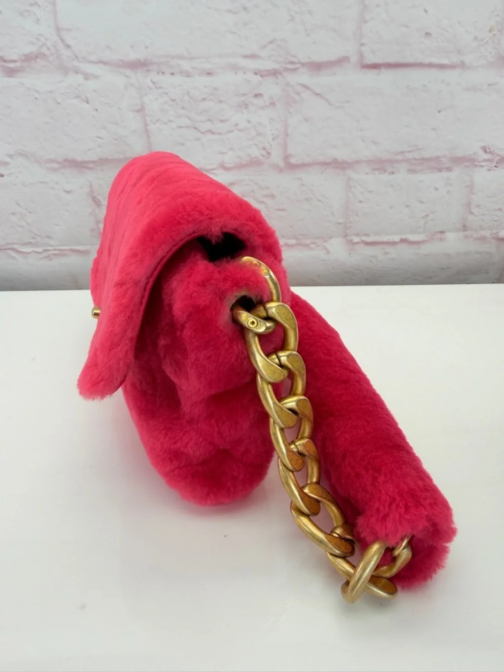 Chanel Shearling Hot Pink Quilted Flap Fur Shoulder Bag